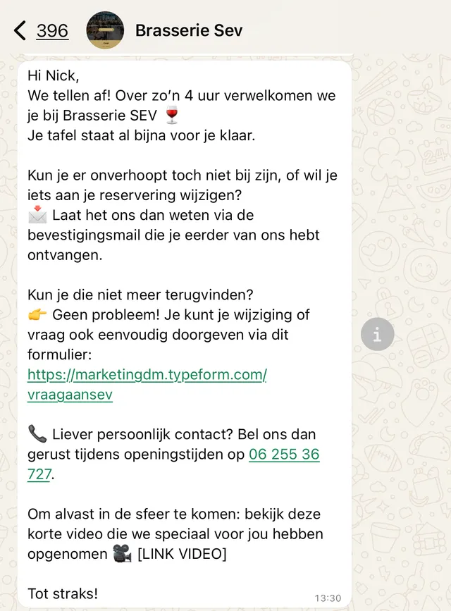 WhatsApp-bericht van Brasserie Sev op de dag van de reservering