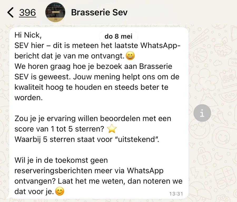 WhatsApp-bericht van Brasserie Sev de dag na het bezoek met de vraag om een beoordeling van 1 tot 5 sterren